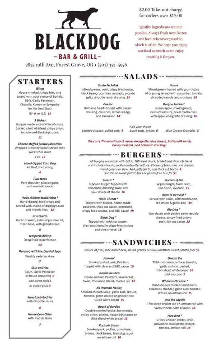 Menu Black Dog Bar & Grill