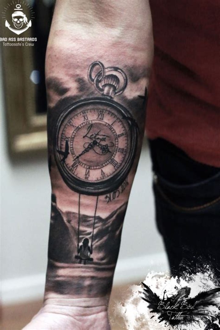 Mountain Clock Wrist tattoos for guys, Watch tattoos, Pocket watch